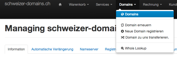 Schweizer-Domains Hosting Kundenbereich Domainverwaltung