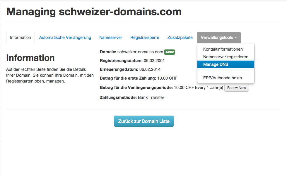 Schweizer-Domains Hosting Kundenbereich Domainverwaltung Manage DNS