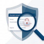 WHOIS Privacy CH Domain – Schloss-Symbol vor verschleierter Domain-Karte mit Lupe