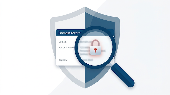 WHOIS Privacy CH Domain – Schloss-Symbol vor verschleierter Domain-Karte mit Lupe