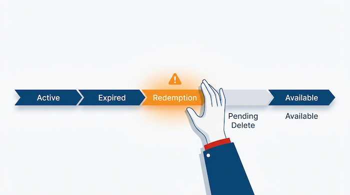 Domain abgelaufen zurückholen – Lifecycle-Timeline mit hervorgehobener Redemption-Phase und rettender Hand