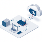 DynDNS CH Domain mit NAS – isometrische Heimnetz-Szene mit Router, NAS und Cloud