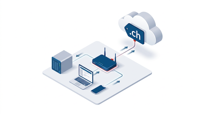DynDNS CH Domain mit NAS – isometrische Heimnetz-Szene mit Router, NAS und Cloud