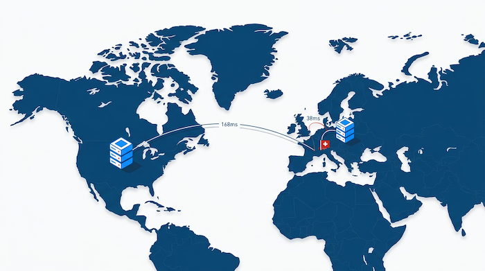 Schweizer Hosting im Vergleich – Weltkarte mit Server-Standorten und Latenz-Werten