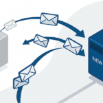 MX Record Schweiz – Briefumschläge entlang DNS-Pfeilen vom alten zum neuen Mailserver