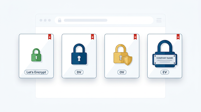 SSL Zertifikat Schweiz – vier Schloss-Karten Let's Encrypt, DV, OV und EV