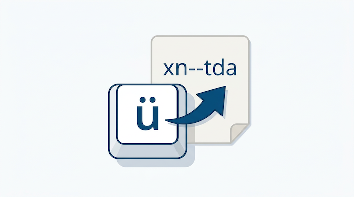 Umlaut Domain in der Schweiz – ü-Tastatur mit Pfeil zur Punycode-Schreibweise