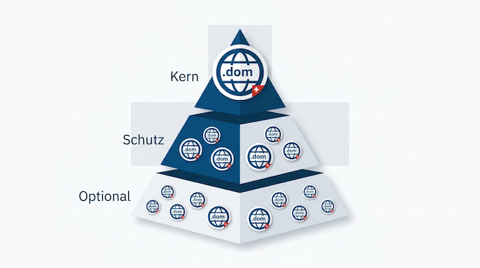 Domains KMU Schweiz – dreistufige Pyramide mit Kern-, Schutz- und optionalen Domains