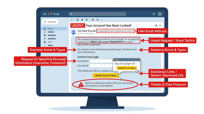 Beispiel einer Phishing Mail mit markierten Warnsignalen